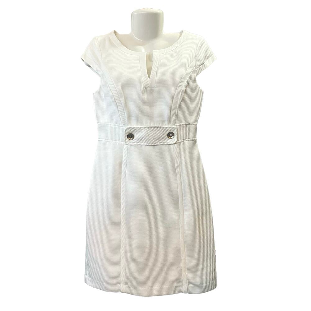 Studio One New York Womens White Ribbed Cap Sleeve Gold Button Lined Dress SZ 10